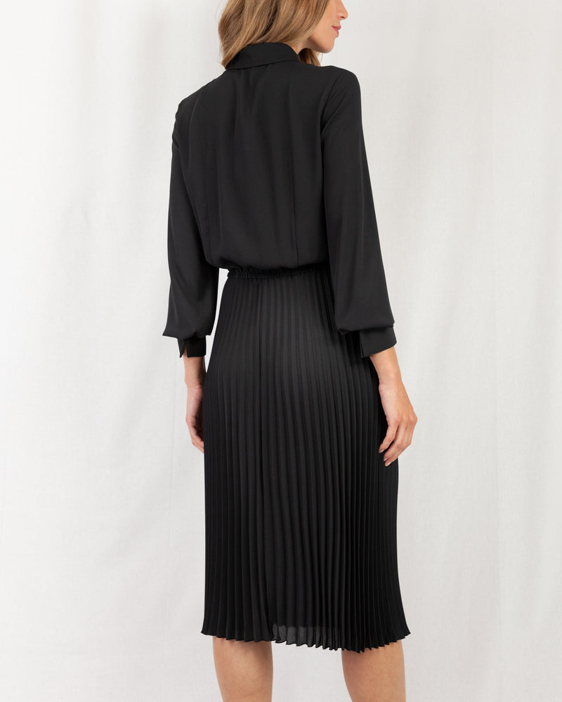 Black Shirt Dress, Collar With Tie Neck & Neck Opening. Lightweight & nbsp; Cufflink Detail Elasticated Waist & nbsp Pleated Midi Length Skirt Style with belt two in one.