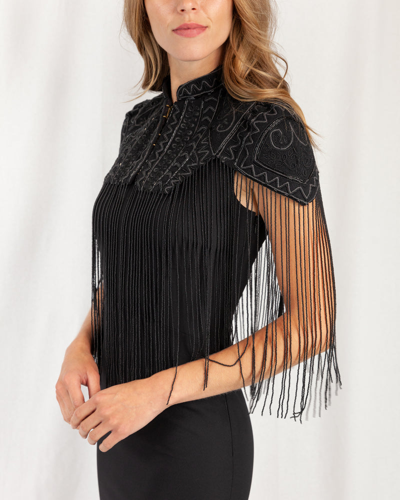 Beaded Cape With Velvet Braid & Tassels