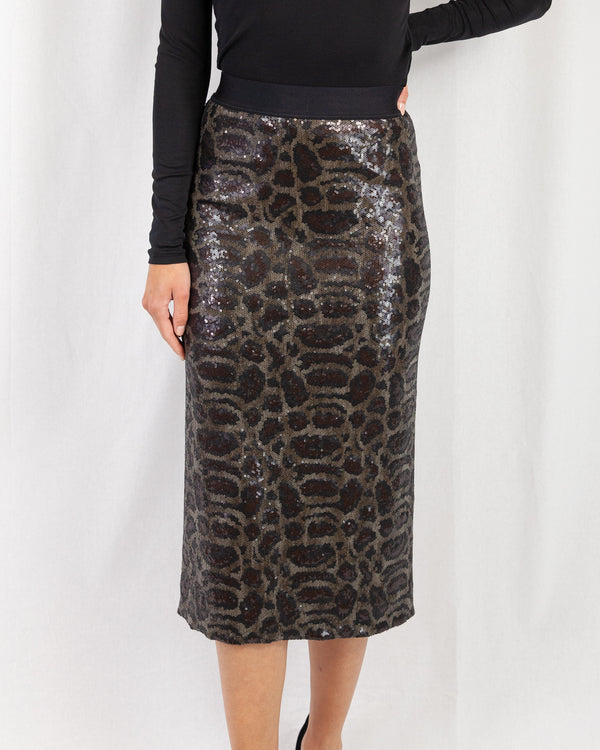 Sequin Leopard Print Midi Skirt