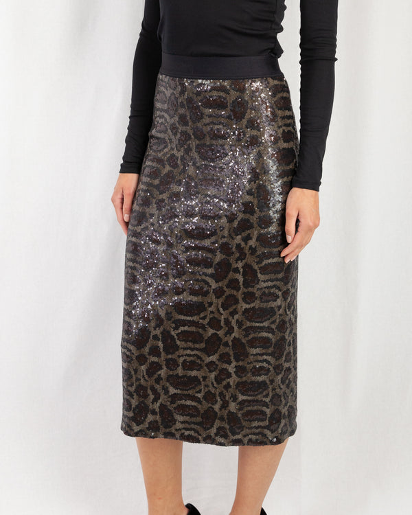 Sequin Leopard Print Midi Skirt