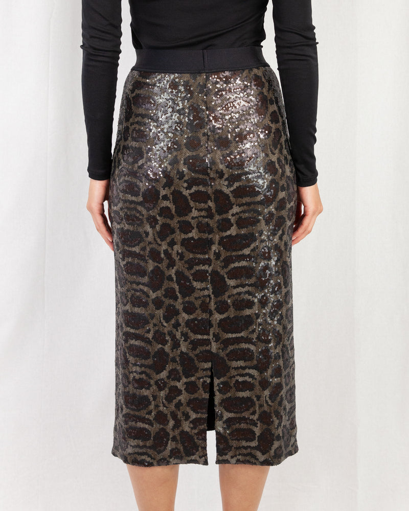 Sequin Leopard Print Midi Skirt