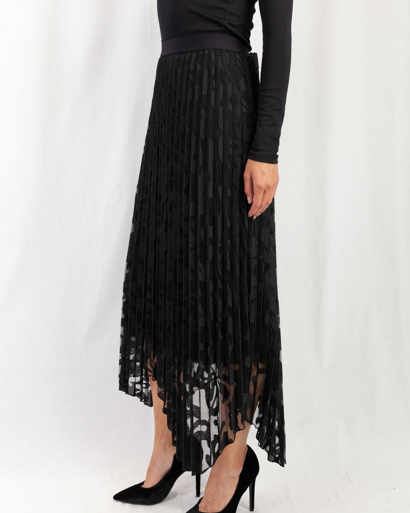 Pleated Lace Skirt With Uneven Hem