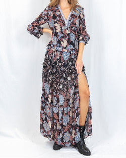 LAST ONE Blue Brown Print Long Sleeve Maxi Dress