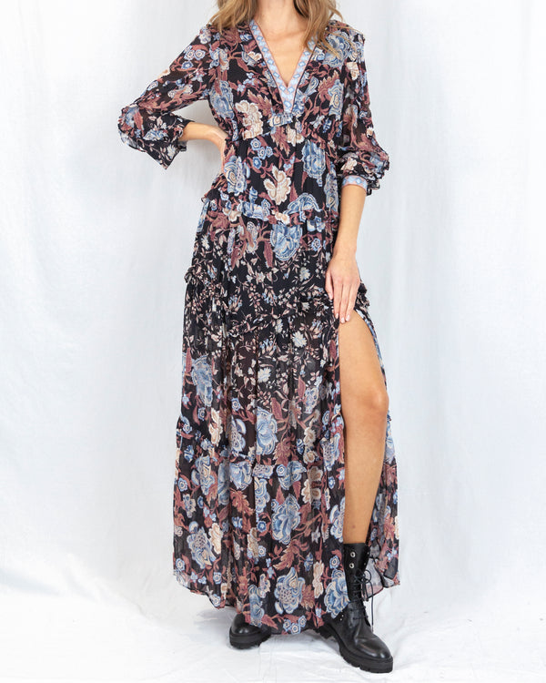 LAST ONE Blue Brown Print Long Sleeve Maxi Dress