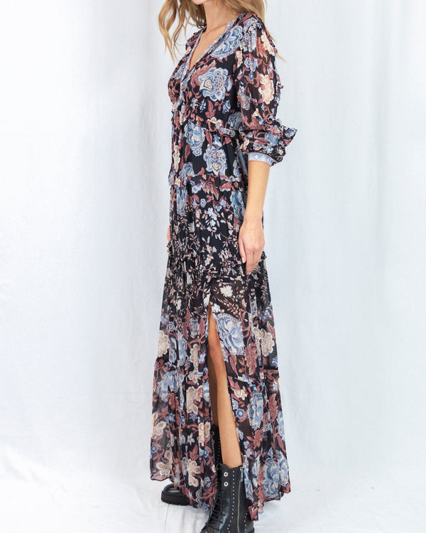 LAST ONE Blue Brown Print Long Sleeve Maxi Dress