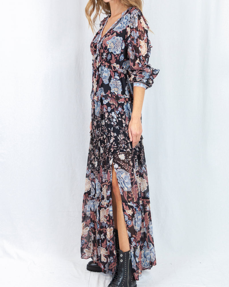 LAST ONE Blue Brown Print Long Sleeve Maxi Dress