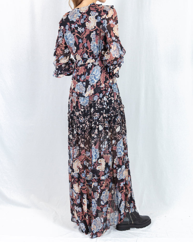 LAST ONE Blue Brown Print Long Sleeve Maxi Dress