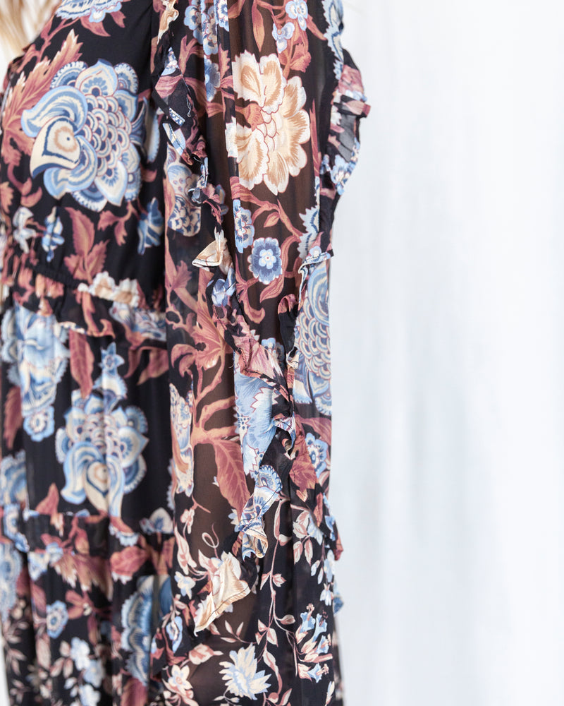 LAST ONE Blue Brown Print Long Sleeve Maxi Dress