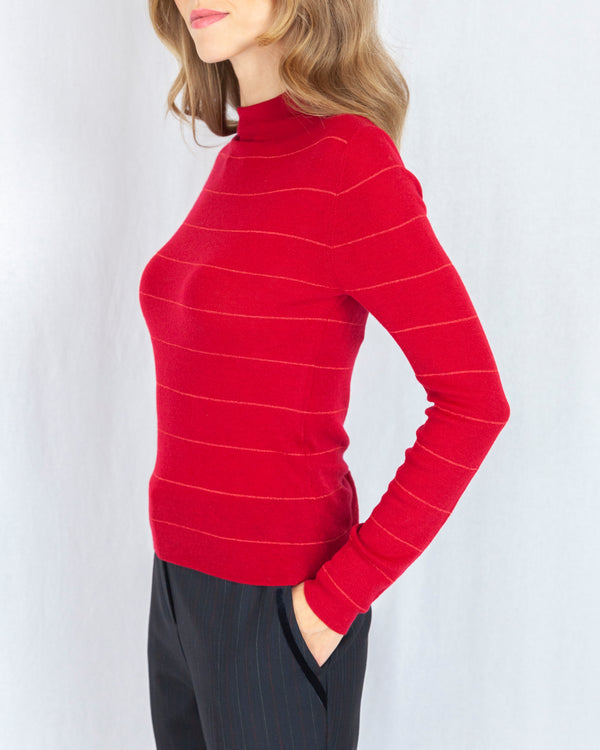 Funnel Neck Sweater With Lurex Stripe & Button Cuff