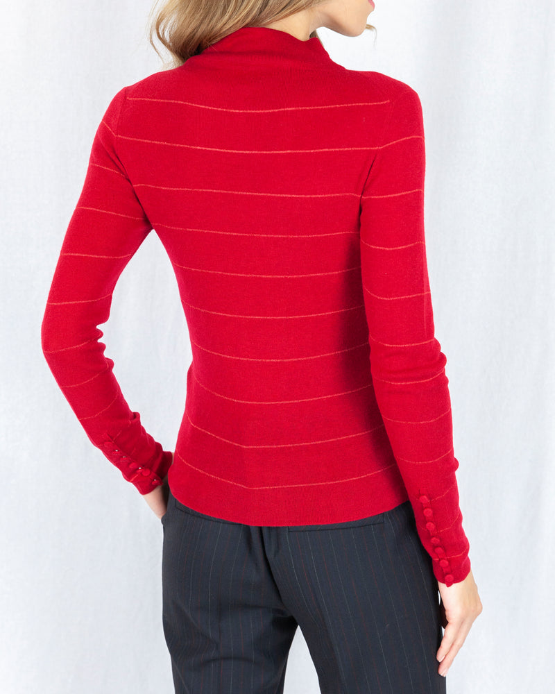 Funnel Neck Sweater With Lurex Stripe & Button Cuff