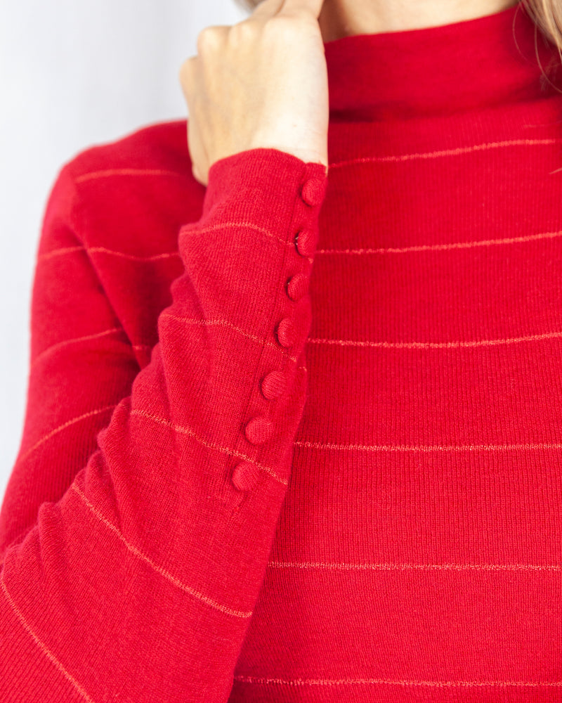 Funnel Neck Sweater With Lurex Stripe & Button Cuff