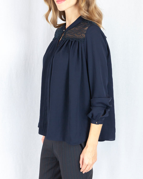 LAST ONE Navy Blouse With Lace Yoke