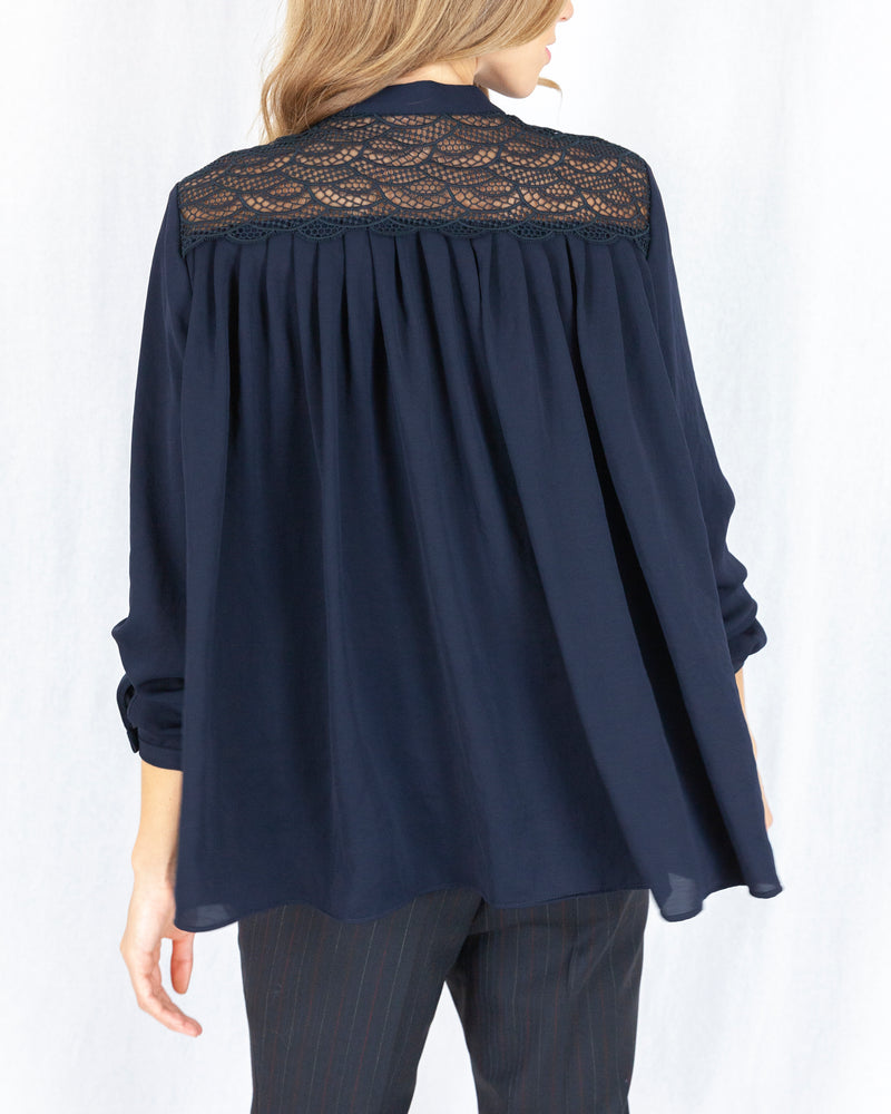 LAST ONE Navy Blouse With Lace Yoke