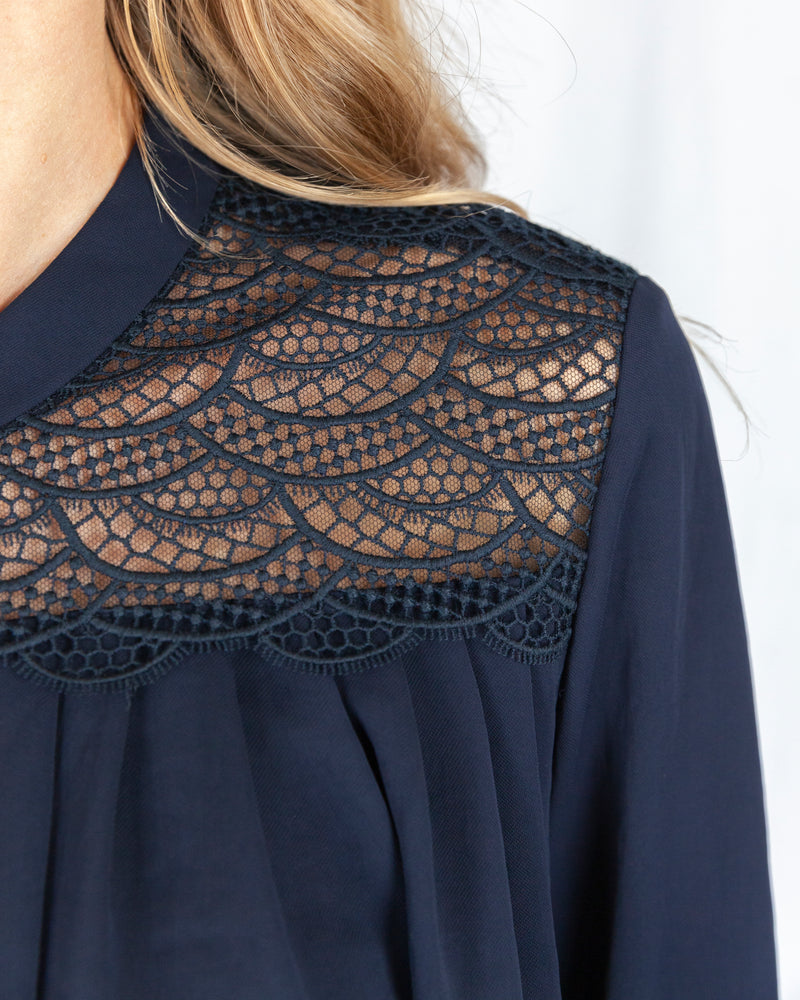 LAST ONE Navy Blouse With Lace Yoke