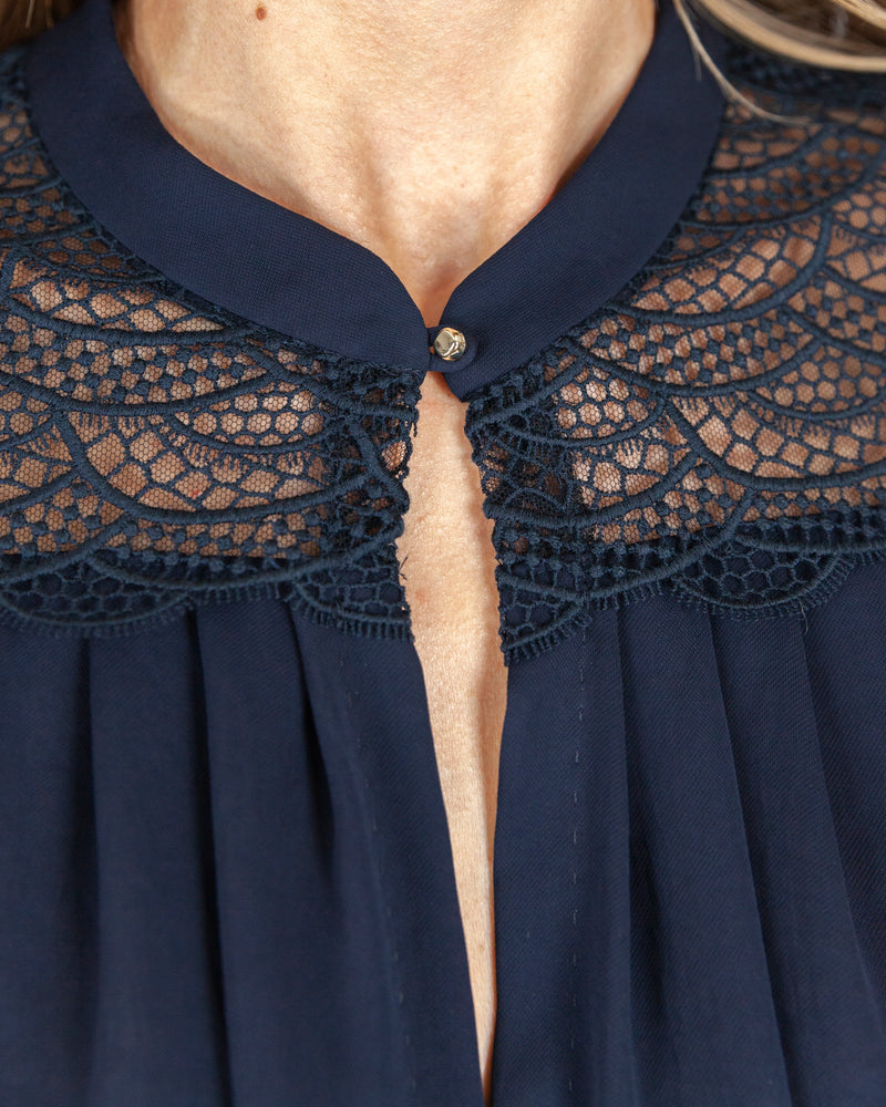 LAST ONE Navy Blouse With Lace Yoke