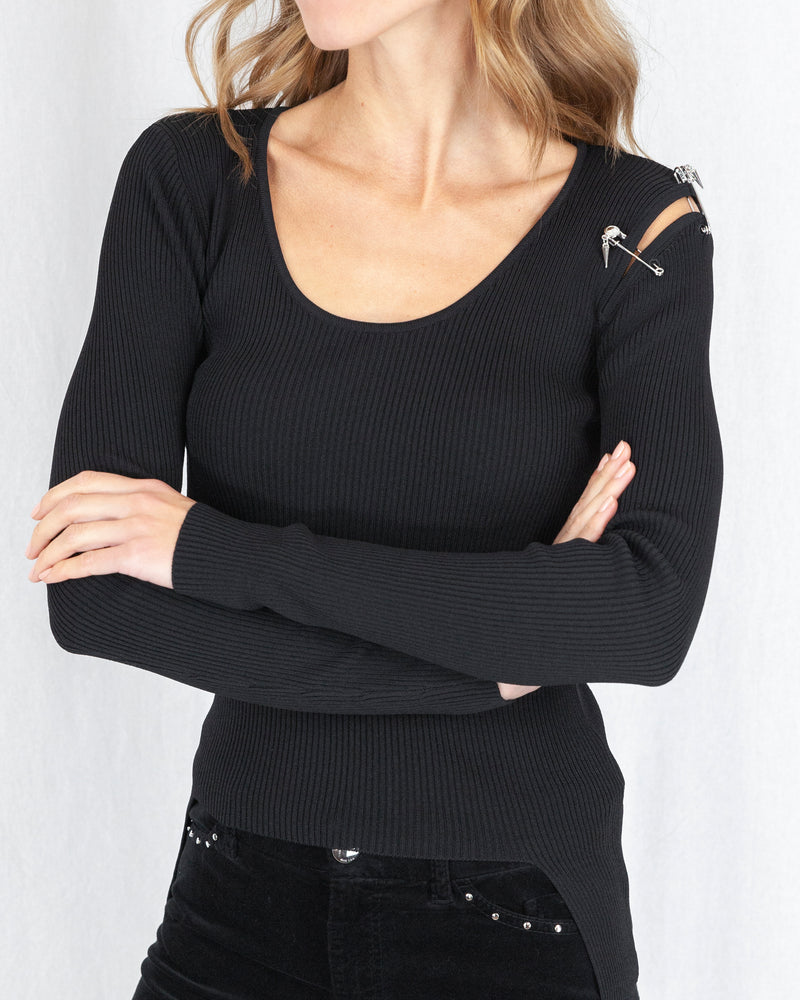 Rib Sweater With Safety Pin Slash Shoulder