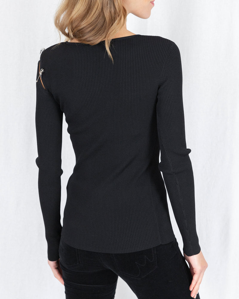 Rib Sweater With Safety Pin Slash Shoulder