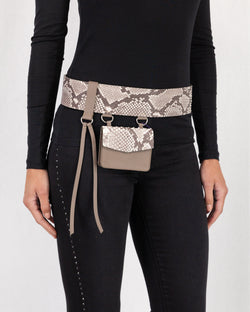 Snakeskin Purse Belt, Attached to Silver Buckle. Hanging Material Detail