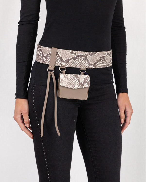 Snakeskin Purse Belt, Attached to Silver Buckle. Hanging Material Detail