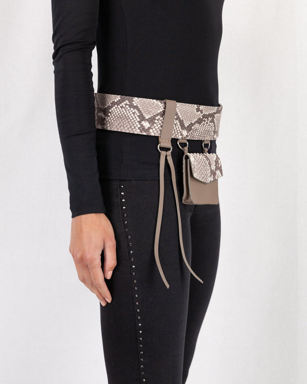 Snakeskin Purse Belt, Attached to Silver Buckle. Hanging Material Detail