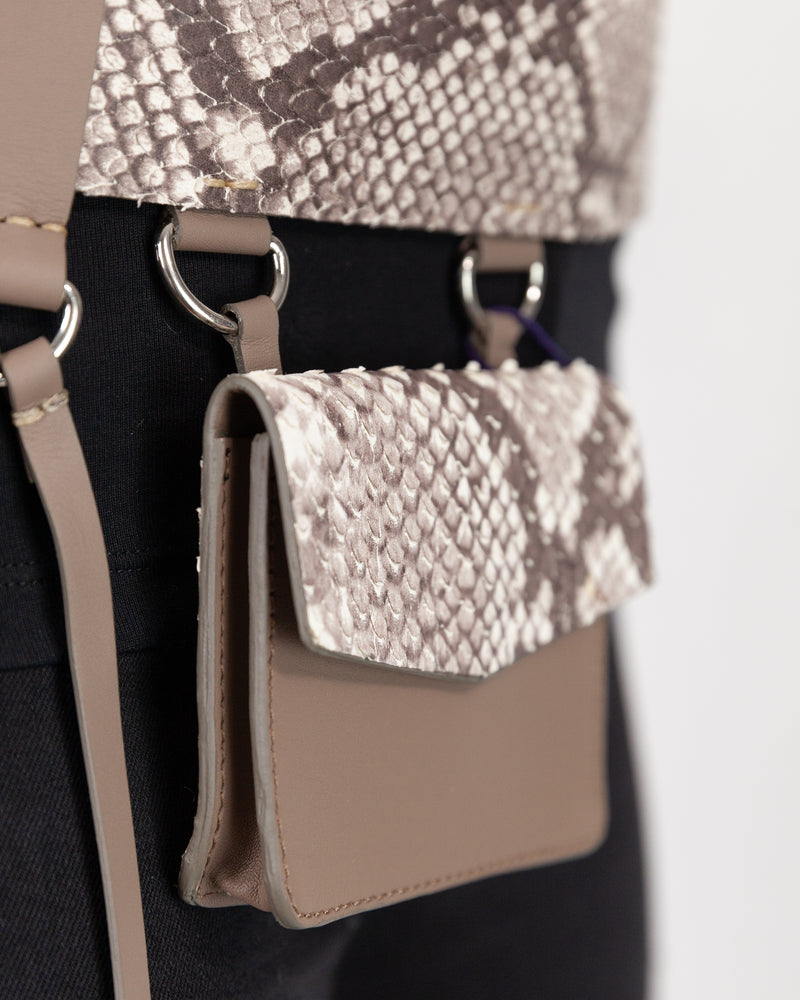 Snakeskin Purse Belt, Attached to Silver Buckle. Hanging Material Detail