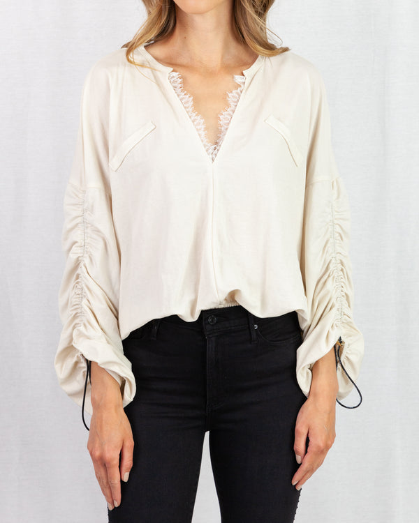 Beige blouson shape blouse with rounded collar 