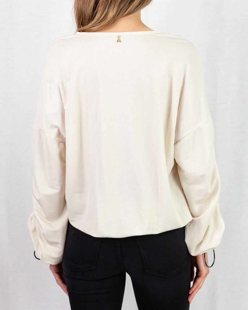 Beige blouson shape blouse with rounded collar 