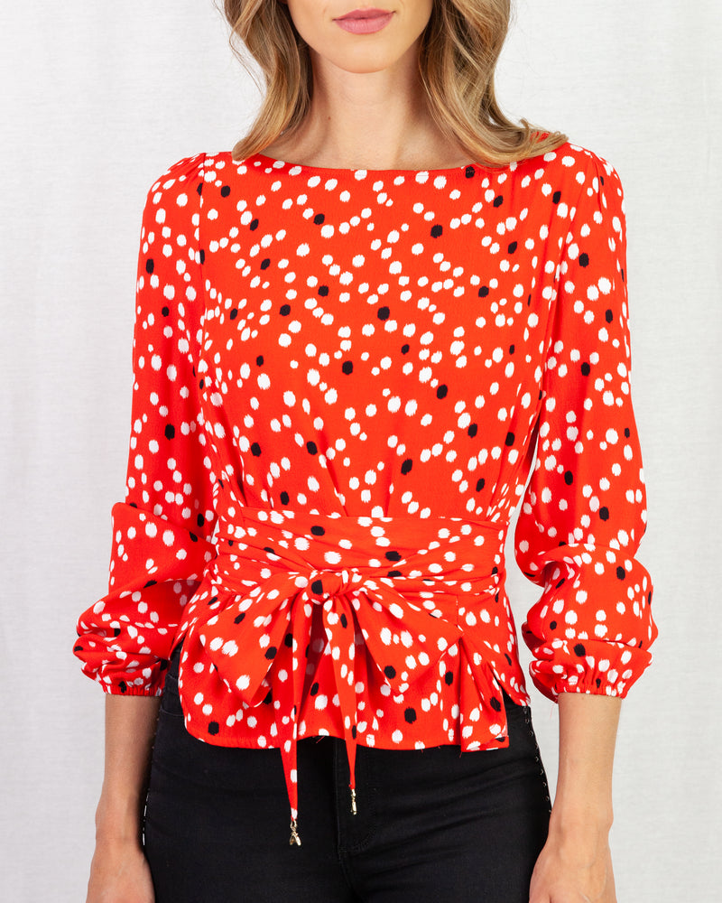 Red Polka dot crepe blouse with scoop neck