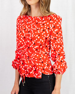Red Polka dot crepe blouse with scoop neck