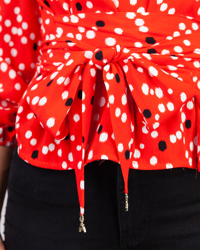 Red Polka dot crepe blouse with scoop neck