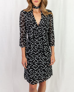 Black Dot print dress with sheer 3/4 length sleeves
