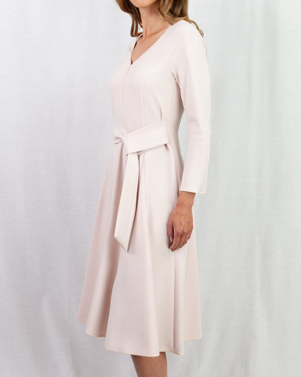 Pastel pink v neck midi length dress