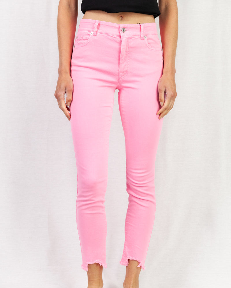 Pink high rise cropped frayed hem skinny jeans
