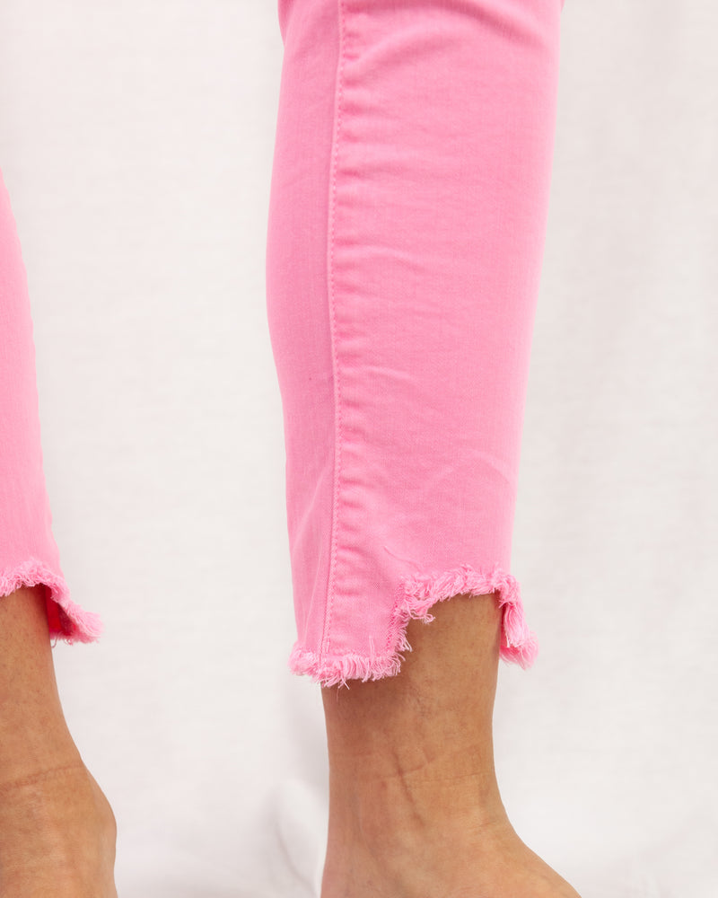 Pink high rise cropped frayed hem skinny jeans