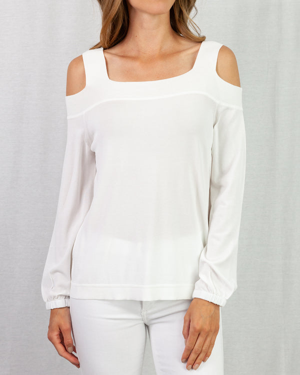 White Relaxed fit lightweight cold shoulder knit sweater