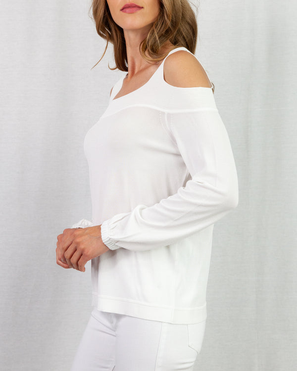 White Relaxed fit lightweight cold shoulder knit sweater