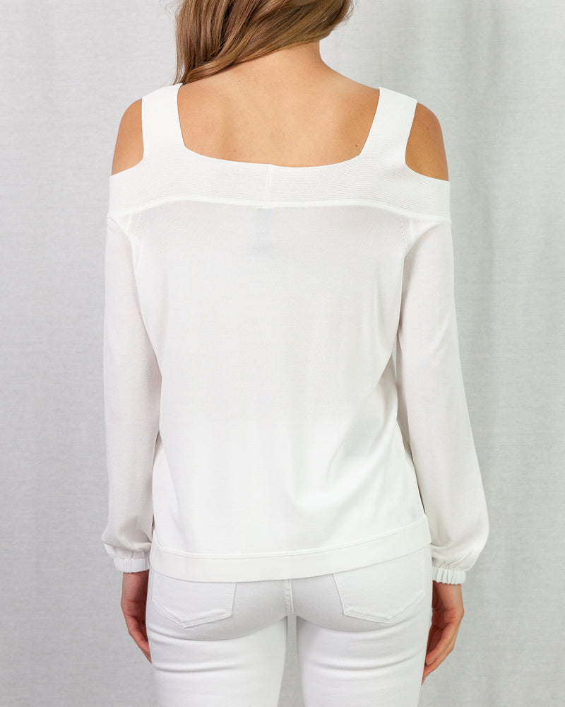 White Relaxed fit lightweight cold shoulder knit sweater