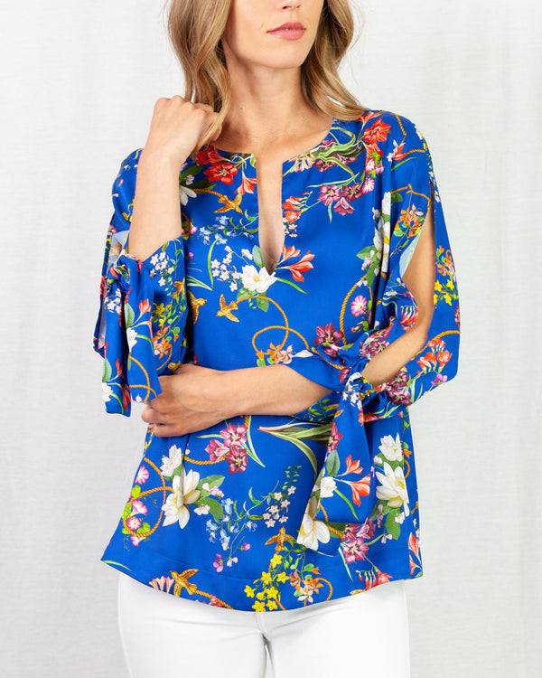 LAST ONE Floral Print Blouse With Split Sleeve & Tie Cuff