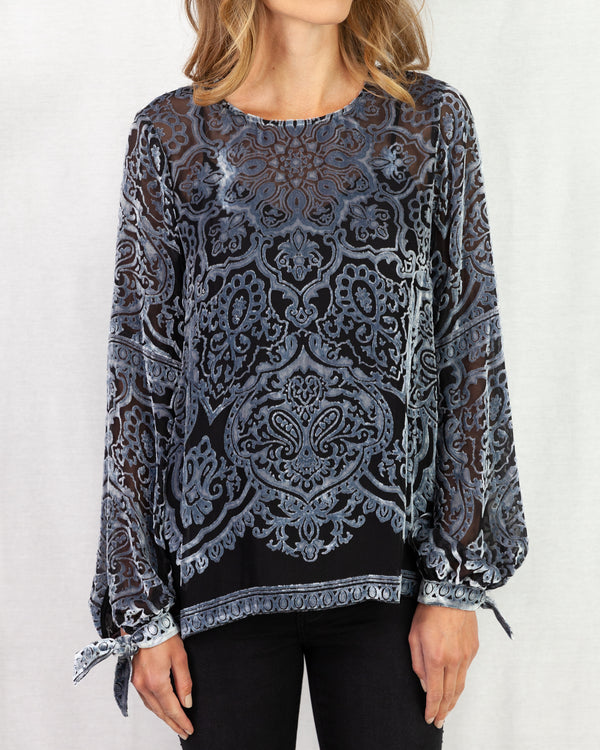Velvet flock blouse with rounded neckline