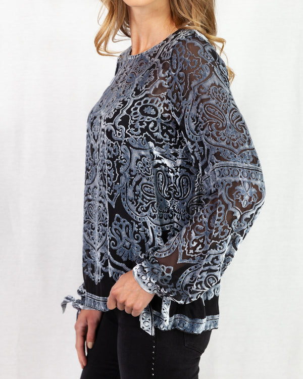 Velvet flock blouse with rounded neckline