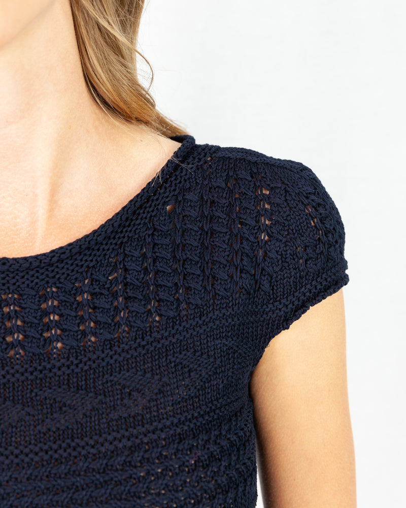 Crochet Cap Sleeve Navy T-Shirt Shape Top