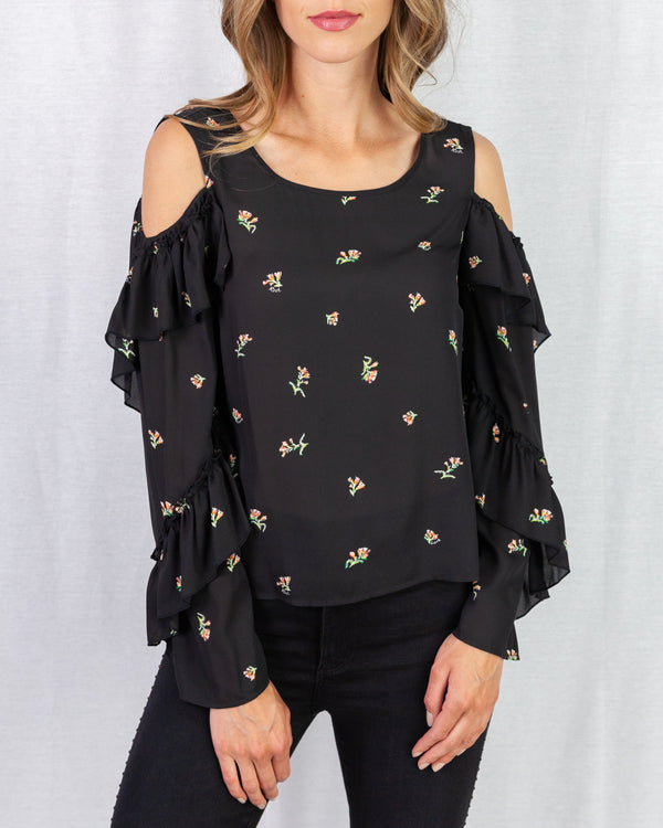 Flower Print Cold Shoulder Blouse With Ruffle Frill Trim Sleeve