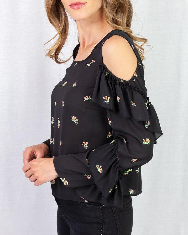 Flower Print Cold Shoulder Blouse With Ruffle Frill Trim Sleeve