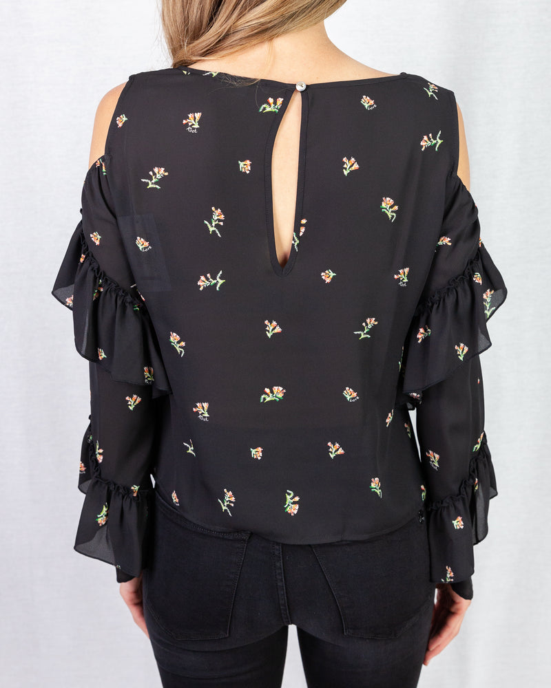 Flower Print Cold Shoulder Blouse With Ruffle Frill Trim Sleeve