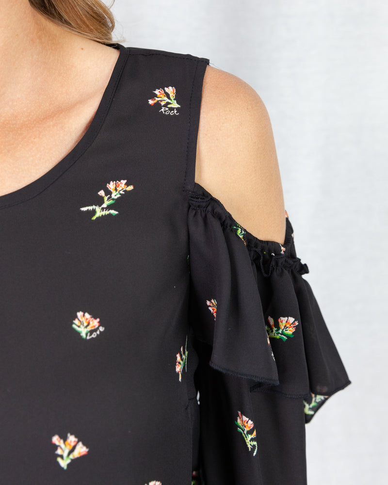 Flower Print Cold Shoulder Blouse With Ruffle Frill Trim Sleeve