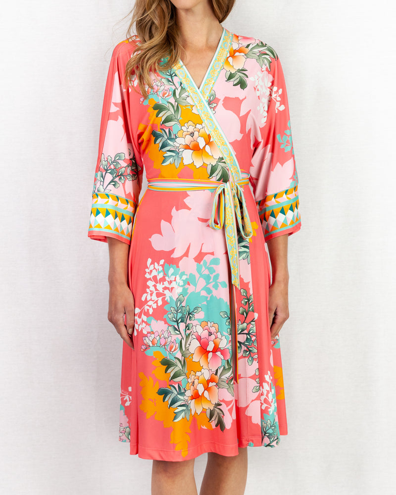 Floral print kimono wrap dress