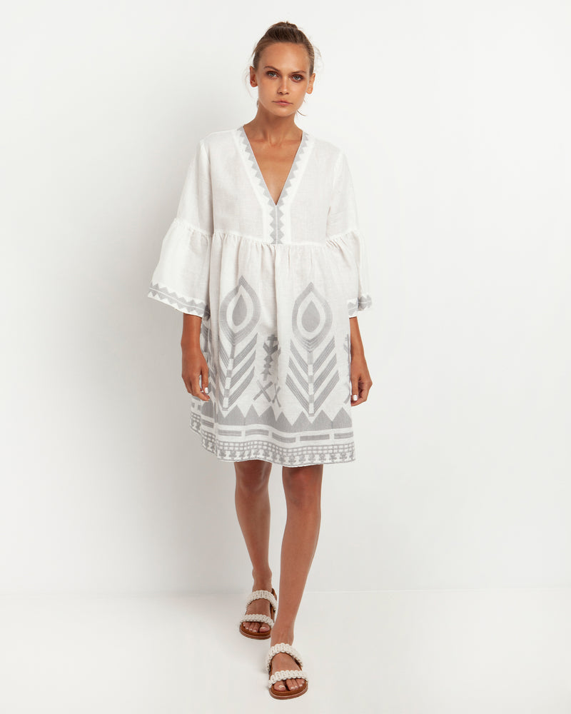 Empire Line Smock Dress With Feather Embroidery