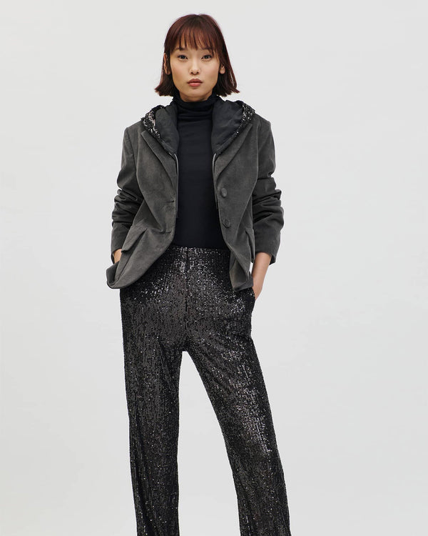 Soft Velvet Stretch Blazer With Sequin Lapel Collar