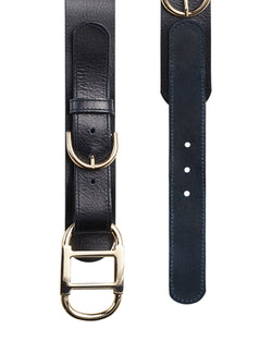 Leather Belt With Gold Buckles in Navy & Dark Grey