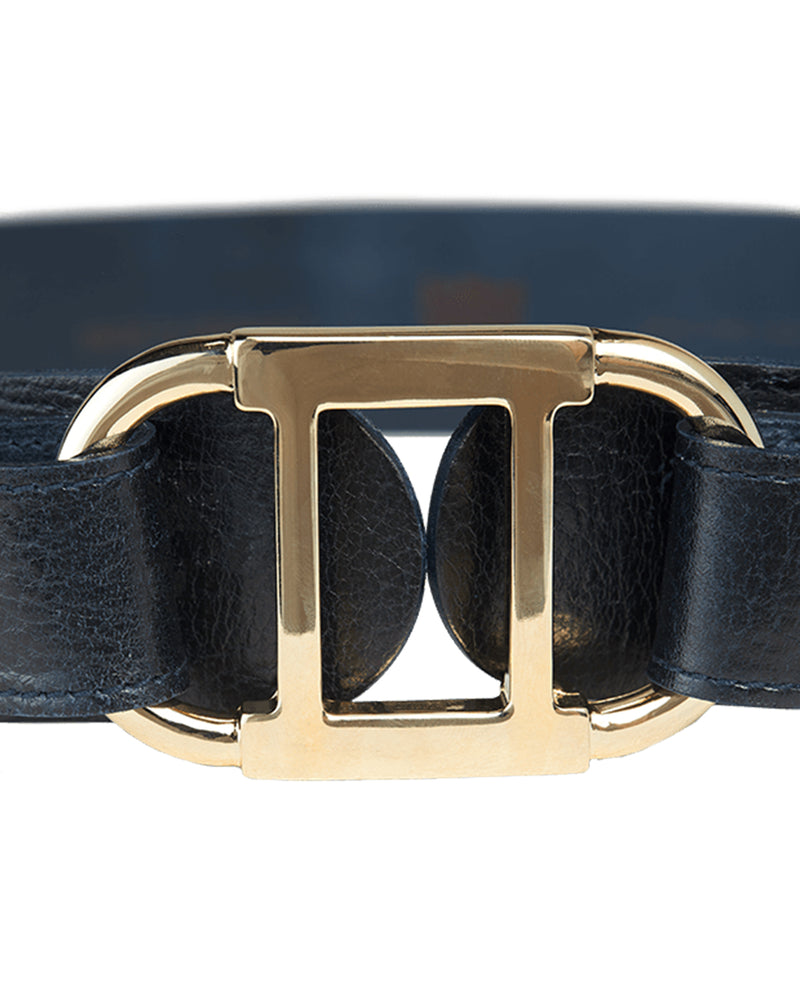 Leather Belt With Gold Buckles in Navy & Dark Grey